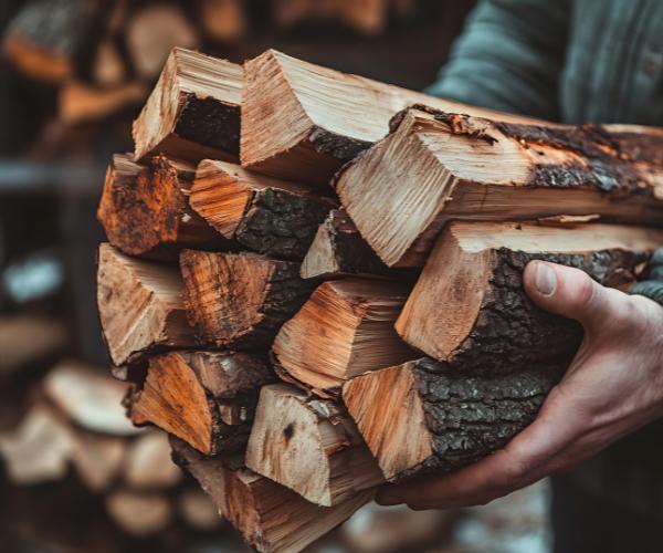 Person carrying a stack of split firewood logs for residential firewood delivery.