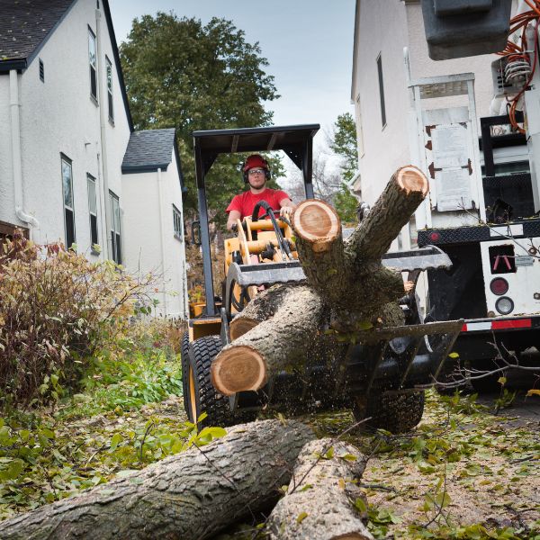 Tree service crew member safely operates a skid steer while carrying heavy tree trunks for proper disposal.